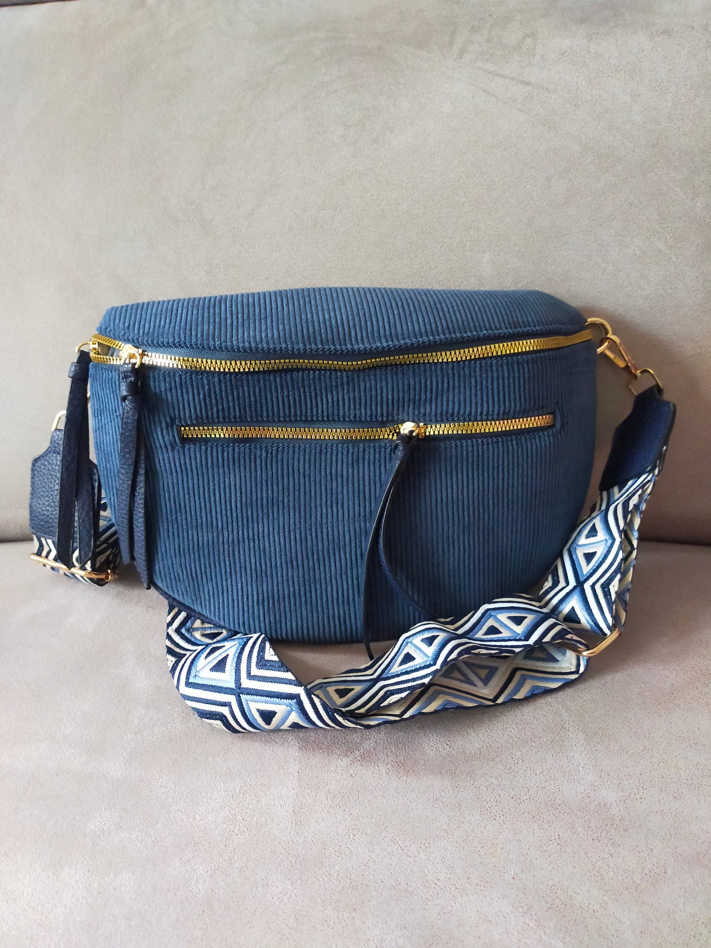 SAC BANANE VELOURS BLEU