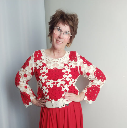 PULL CAROLE rouge & blanc cassé