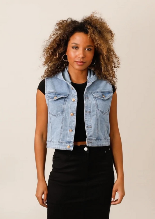 VESTE JESSY en jeans s/manches à capuche