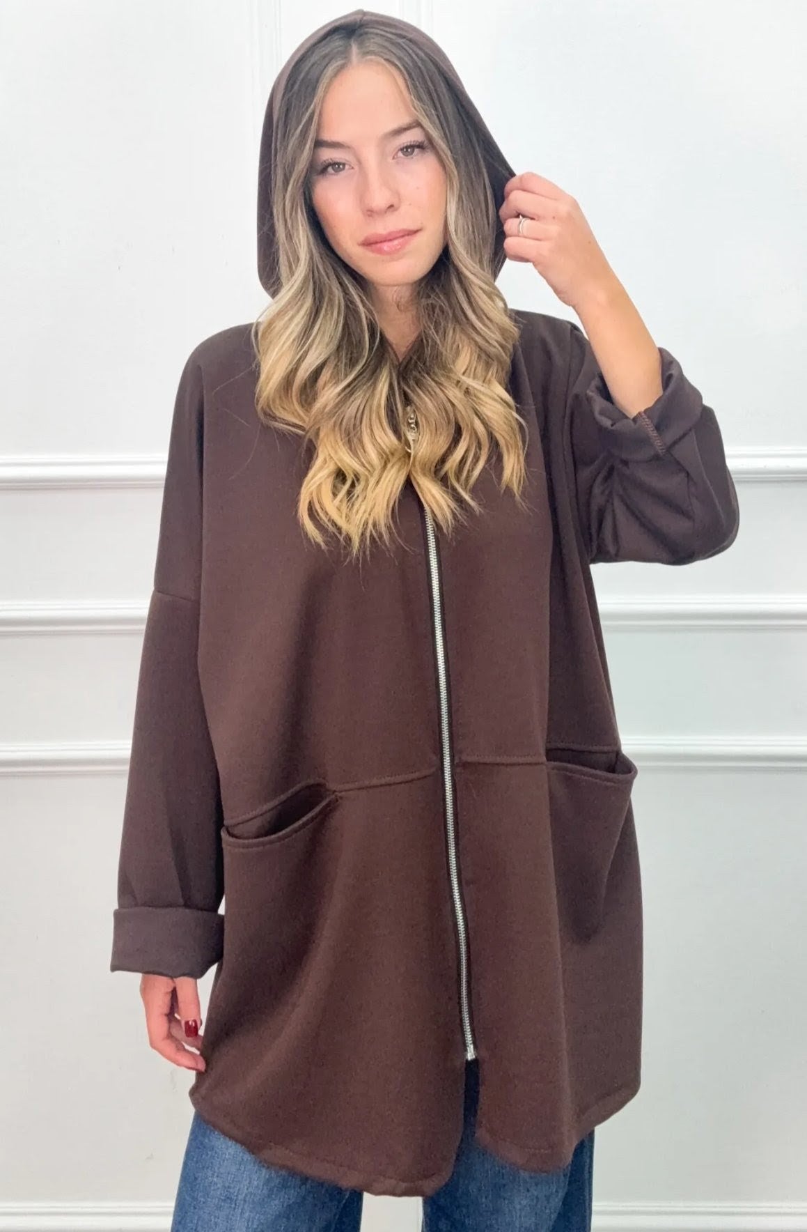 GILET LONG à capuche FLO - Chocolat